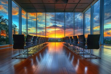 Poster - Conference room interior with chairs and a sunset view