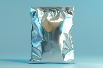 Wall Mural - A silver foil bag sits on a blue surface, awaiting use or storage