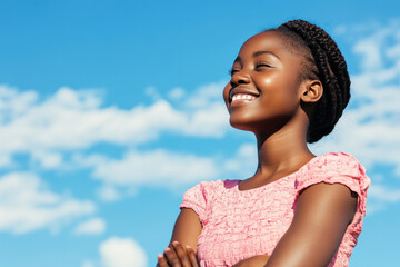 Wall Mural - African woman smile enjoying sun during summer vacation, mental health