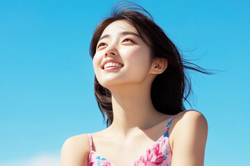 Wall Mural - Chinese woman smile enjoying sun during summer vacation, mental health