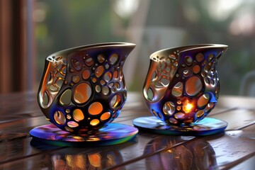 Poster - A pair of cups sit atop a rustic wooden table