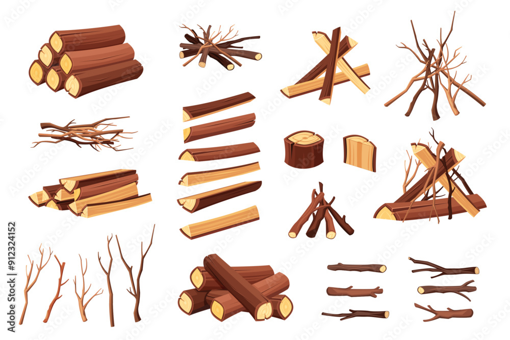 wooden materials set. cartoon wood tree logs collection, different ...