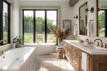 Wall Mural - A bathroom with a large bathtub and a small pedestal tub