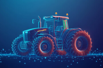 Digital wireframe illustration of a tractor on a blue background, highlighting its robust structure and innovation in modern agricultural machinery.
