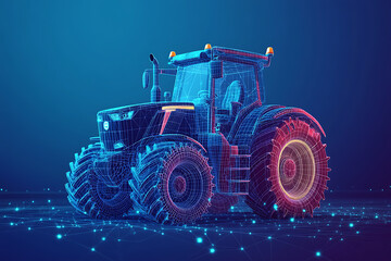 Digital wireframe illustration of a tractor on a blue background, highlighting its robust structure and innovation in modern agricultural machinery.
