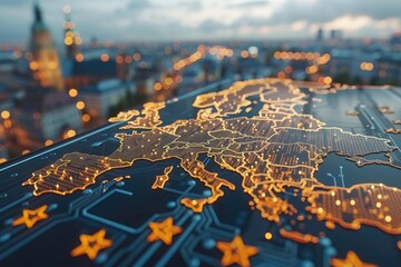 Poster - Glowing Map of Europe on a Circuit Board Background
