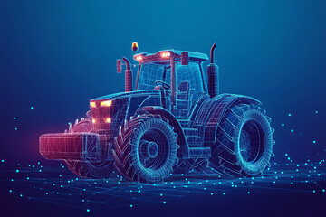 Digital wireframe illustration of a tractor on a blue background, highlighting its robust structure and innovation in modern agricultural machinery.
