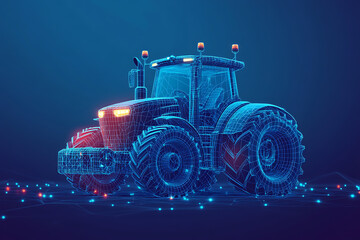 Digital wireframe illustration of a tractor on a blue background, highlighting its robust structure and innovation in modern agricultural machinery.
