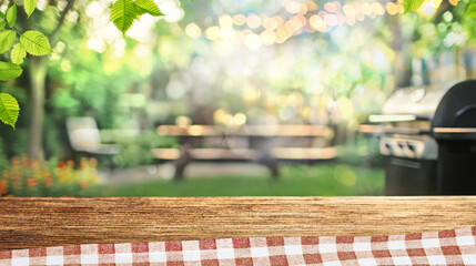 Sticker - summer time party in backyard garden with grill BBQ, wooden table, blurred background