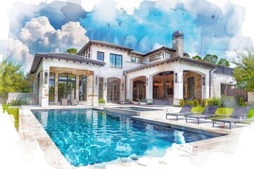 Poster - Watercolor illustration of a house surrounded by greenery, featuring a swimming pool in the backyard