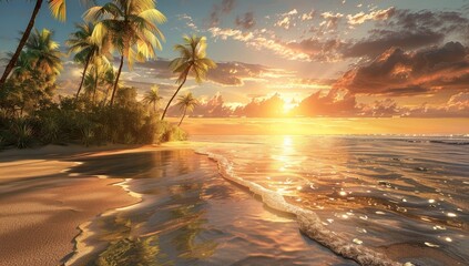 Wall Mural - Sunset over a tropical beach with palm trees and golden sand