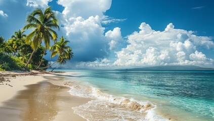 Wall Mural - Tropical Beach with Palm Trees and White Clouds