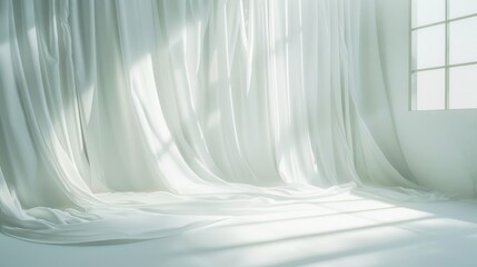 Poster - A room with a white curtain and a window, suitable for interior design or minimalist concept photos