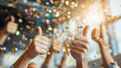 Celebration of Success, Enthusiastic hands giving thumbs up, surrounded by colorful confetti, capturing an atmosphere of joy and achievement during a festive event.