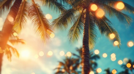 Wall Mural - A tropical scene with a palm tree in the foreground and a bright blue sky. The palm tree is lit up with lights, creating a warm and inviting atmosphere