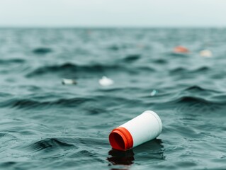 Wall Mural - plastic pollution in the ocean - white plastic bottle floating on water surface with blue waves and 