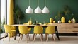 © laraib - 3D representation of the interior design of a modern dining room with a sideboard, green wall, and a wooden table and yellow chairs.