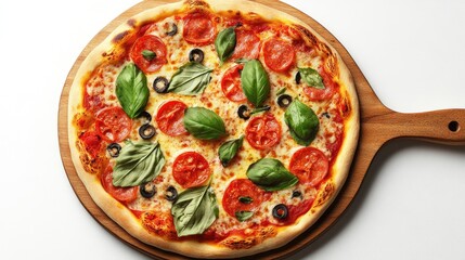 Wall Mural - A pizza with basil and tomatoes on top. The pizza is on a wooden board