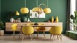 © laraib - 3D representation of the interior design of a modern dining room with a sideboard, green wall, and a wooden table and yellow chairs.