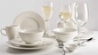 © A Denny Syahputra - A beautifully arranged white dinnerware set featuring elegant plates, bowls, and glassware for a formal dining experience