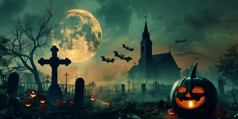 A pumpkin zombie emerges from a graveyard as bats fly around a church under a full moon