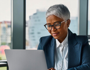 Poster - woman grey hair older lady manager executive leader wearing eyeglasses looking at laptop using computer in office room interior 