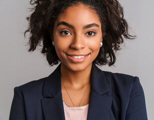 Poster - Happy young business woman american african smiling beauty posing isolated over grey wall background