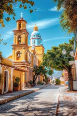Aufkleber - A bright yellow building featuring a distinctive blue dome on its roof
