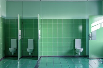 Poster - A modern bathroom with green tiles and a white toilet, suitable for use in architectural or design projects