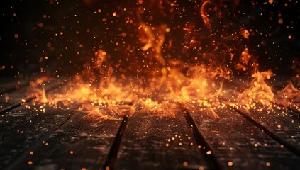 Wall Mural - Burning Flames and Sparks on a Wooden Surface