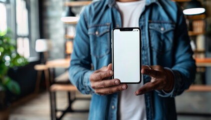 Poster - Man Holding Smartphone with Blank Screen in Modern Interior