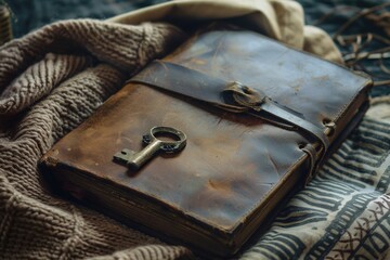Aufkleber - A worn leather-bound book with a key sitting atop, perfect for use in historical or literary settings