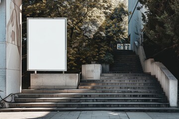 Poster - Blank Billboard on Urban Stairway with Green Foliage