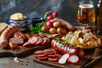 Wall Mural - Oktoberfest traditional dishes, beer, sausage, meat