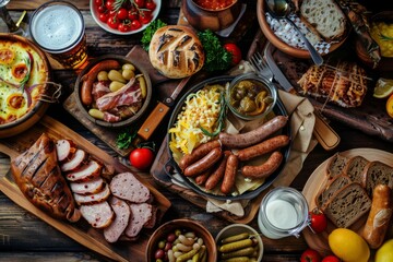 Wall Mural - Oktoberfest traditional dishes, beer, sausage, meat