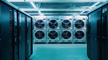 Poster - Rows of servers and cooling units are arranged in a high-tech data center, showcasing advanced technology and infrastructure in a modern environment.