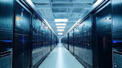 Poster - Rows of sleek server racks fill a high-tech data center, illuminated by bright LED lights, highlighting advanced computing technology in a spacious layout.