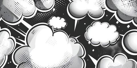 Poster - A collection of stylized black and white clouds in a comic book style, suitable for illustrations or design elements