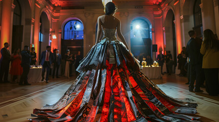 Wall Mural - Elegant evening gown made from upcycled materials at a gala event 