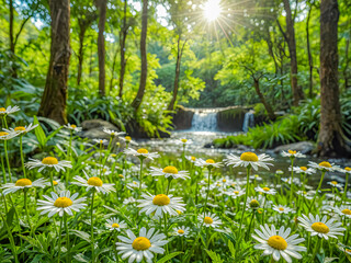 Wall Mural - abstract soft focus daisy meadow landscape. beautiful grass bloom fresh green sunshine foliage. tran