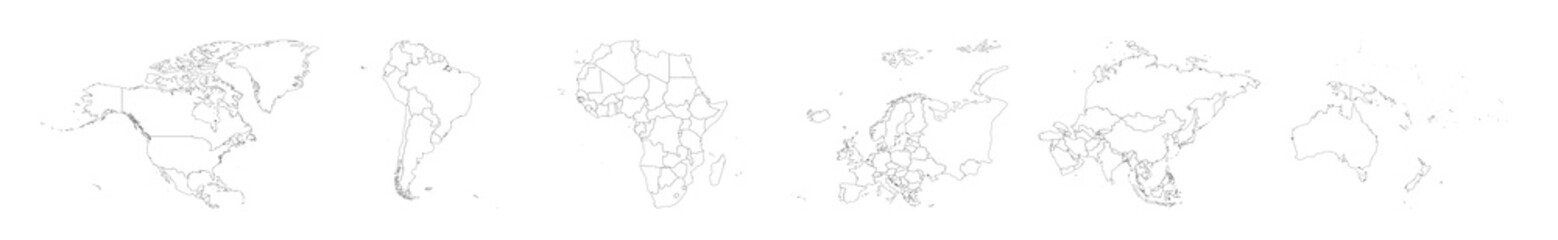 Poster - Set of six world continent maps in a row - North America, South America, Africa, Europe, Asia and Australia. Thin black outline blank vector map