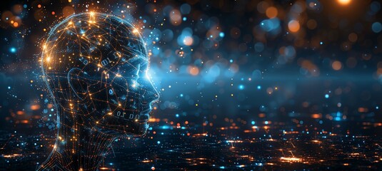 Poster - Futuristic Digital Representation of a Human Head With Bright Particles in a Dark Setting
