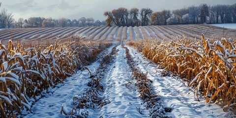 Poster - Winter scene of unharvested corn field covered in snow with rows of dry stalks awaiting harvest