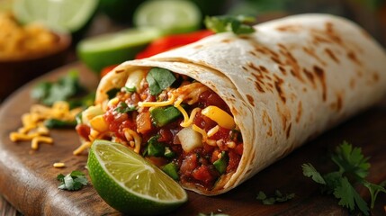 Wall Mural - A burrito with lime on top of it. The burrito is full of vegetables and cheese