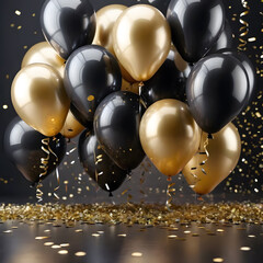 Wall Mural - Black and gold balloons with confetti on black background