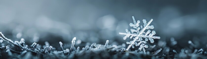 Poster - extreme macro shot of a snowflake on dark background, intricate crystalline structure visible, shall