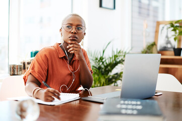 Poster - Thinking, office and black woman with notes, earphones and planning ideas for online business growth. Computer, audio and designer writing in notebook, studying and transcription service at desk