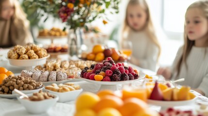 Children enjoy a beautifully arranged table filled with various sweets and fresh fruits