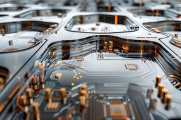 Poster - Hyper-realistic photograph of a computer microchip surface, intricate circuit patterns and transistors visible, reflective metal surfaces, high dynamic range,