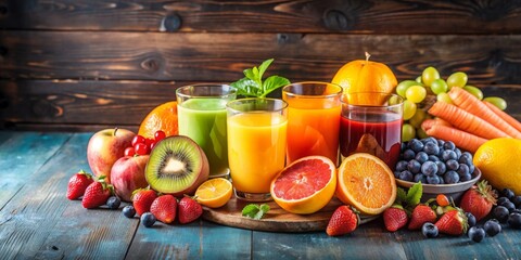 Wall Mural - Fresh and colorful fruit juice and fruits on a rustic wooden table, healthy, organic, refreshing, beverages, delicious